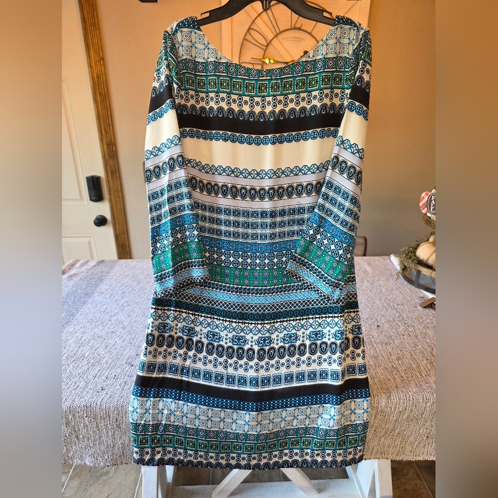 Diane Von Furstenberg Blue and Green Long Sleeve Dress